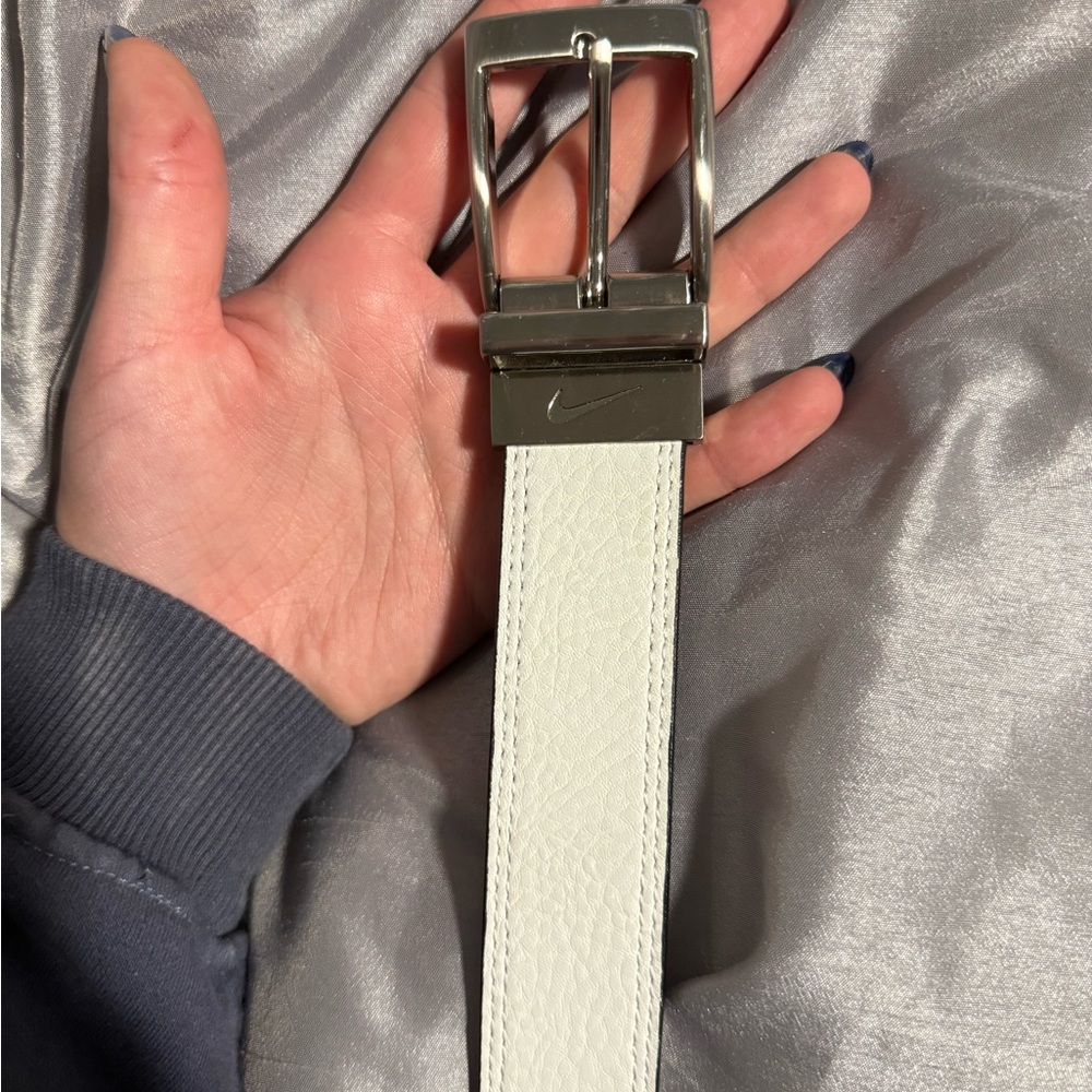 Nike White & Black Leather Belt with Silver Buckle